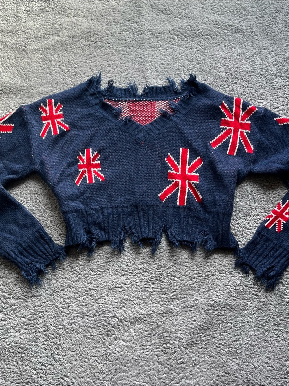 Vintage distressed cropped navy sweater British flag Union Jack aop knit jumper